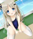  2girls black_legwear blue_eyes blue_swimsuit brown_hair eyebrows_visible_through_hair fang hair_ornament hairclip highres kud_wafter legs_apart little_busters! long_hair looking_at_viewer multiple_girls noumi_kudryavka one-piece_swimsuit open_mouth outdoors pool poolside school_swimsuit sitting smile soaking_feet strap_slip swimsuit thighhighs thighs wet wet_clothes wet_swimsuit white_legwear 