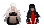  2girls android armlet black_gloves black_hair blue_eyes closed_mouth collarbone commentary_request dress elbow_gloves gloves grey_eyes hairband highres joints long_hair mole mole_under_mouth multiple_girls n2_(nier_automata) navel nier_(series) nier_automata partial_commentary puffy_sleeves red_dress red_hairband remiilla robot_joints twitter_username very_long_hair white_background white_hair yorha_type_a_no._2 
