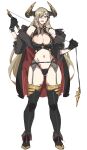  1girl :d bare_shoulders black_coat black_gloves black_legwear black_panties bow_(bhp) breasts cleavage coat full_body gloves grey_hair hair_over_one_eye holding holding_whip horns large_breasts long_hair loop navel one_eye_covered open_clothes open_coat open_mouth original panties simple_background smile solo thighhighs two-sided_coat underwear very_long_hair white_background 