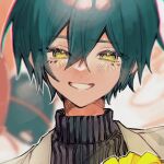  1boy alternate_costume alternate_hair_color bangs black_hair blush brown_eyes brown_jacket danganronpa_(series) danganronpa_v3:_killing_harmony green_hair grin hair_between_eyes jacket looking_at_viewer male_focus outline protected_link saihara_shuuichi shiny shiny_hair short_hair smile striped striped_sweater sweater teeth white_outline ze_ro_saiji 