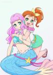  2girls :d bangs blue_eyes boh_stick bow bracelet brown_hair crop_top green_eyes green_shorts hair_bow highres hug hug_from_behind jewelry laura_(precure) long_hair looking_at_viewer mermaid midriff monster_girl multiple_girls natsuumi_manatsu navel off-shoulder_shirt off_shoulder open_mouth pink_hair precure shiny shiny_hair shirt short_shorts shorts side_ponytail sleeveless smile stomach tropical-rouge!_precure white_shirt yellow_bow 