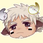  1boy alternate_hair_color animal_ears badai blush chibi cow_boy cow_ears cow_horns face facial_hair facial_mark fiery_horns forked_eyebrows glowing_horns goatee horns looking_at_viewer male_focus pout short_hair solo spiked_hair stubble thick_eyebrows tokyo_houkago_summoners wakan_tanka 
