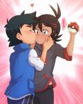  ! 2boys antenna_hair ash_ketchum bangs black_pants blue_eyes blue_jacket blush brown_hair closed_eyes closed_mouth commentary commission english_commentary goh_(pokemon) grey_shirt heart holding holding_poke_ball jacket male_focus multiple_boys pants poke_ball poke_ball_(basic) pokemon pokemon_(anime) pokemon_swsh_(anime) shirt short_hair short_sleeves sleeveless sleeveless_jacket smile sweatdrop tama!_(lazyturtle) white_shirt yaoi 