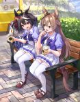  2girls absurdres ahoge animal_ears bench black_hair braid brown_eyes brown_hair drink drinking_straw eyebrows_visible_through_hair hair_between_eyes highres holding holding_drink horse_ears horse_girl horse_tail huge_filesize kitasan_black_(umamusume) long_hair multiple_girls open_mouth red_eyes satono_diamond_(umamusume) short_hair sitting smile tail trapiorra umamusume white_hair 