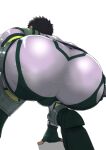  1boy absurdres ass ass_focus bara black_hair bodysuit bulge dotsu_(wtnbkwiyd) foot_out_of_frame from_behind from_below highres kyoichi_(live_a_hero) live_a_hero male_focus shiny shiny_clothes short_hair solo squatting taut_clothes tight white_bodysuit 