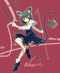  1girl animal_ear_fluff animal_ears basket black_dress black_hair capelet character_name dowsing_rod dress highres holding holding_with_tail jewelry long_sleeves looking_to_the_side mouse mouse_ears mouse_girl mouse_tail nazrin ngc7k137 pendant prehensile_tail red_background red_eyes shoes short_hair smile socks solo tail touhou 