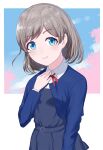  1girl bangs blue_eyes blue_jacket chyouhei cropped_jacket dress eyebrows_visible_through_hair grey_hair highres jacket looking_at_viewer love_live! love_live!_superstar!! pinafore_dress school_uniform short_hair smile solo tang_keke upper_body yuigaoka_school_uniform 