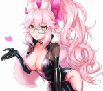  1girl animal_ear_fluff animal_ears bangs black_bodysuit blush bodysuit bow breasts center_opening choker cleavage fate/grand_order fate_(series) fox_ears fox_girl fox_tail glasses hair_between_eyes hair_bow heart hip_vent koyanskaya_(fate) large_breasts long_hair looking_at_viewer pink_bow pink_hair ponytail puckered_lips rain_(roromi) sidelocks solo tail tamamo_(fate) thighs yellow_eyes 