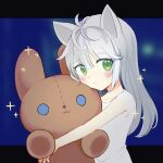  1girl amiya_(arknights) animal_ears arknights bangs bare_arms blush cat_ears cat_girl chinese_commentary closed_mouth doll_hug dress eyebrows_visible_through_hair green_eyes huiliufeiyuyu long_hair looking_to_the_side object_hug rosmontis_(arknights) solo stuffed_animal stuffed_bunny stuffed_toy white_dress younger 
