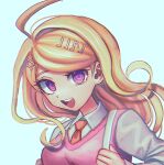  1girl ahoge akamatsu_kaede bangs blonde_hair breasts collared_shirt danganronpa_(series) danganronpa_v3:_killing_harmony esu_(tasoesu) hair_ornament long_hair long_sleeves looking_at_viewer medium_breasts musical_note musical_note_hair_ornament necktie open_mouth orange_neckwear shirt simple_background skirt smile solo upper_body 