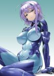  1girl ahoge armor blue_bodysuit blue_eyes bodysuit covered_navel covered_nipples cryska_barchenowa fortified_suit highres impossible_bodysuit impossible_clothes kurione_(zassou) light_purple_hair muvluv muvluv_alternative muvluv_total_eclipse pilot_suit sheer_bodysuit shiny shiny_clothes short_hair skin_tight smile solo 