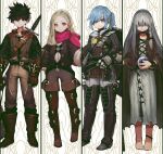  1boy 3girls armor barefoot belt_boots black_hair blonde_hair blue_hair book boots braid commentary crystal_ball elf fantasy fingerless_gloves gauntlets gloves grey_hair highres holding holding_book jun_(seojh1029) long_hair looking_at_viewer multiple_girls original pointy_ears scarf sheath sheathed shield short_hair short_ponytail side_braid single_braid smile standing sword thigh_boots thighhighs weapon 