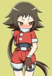  1girl belt bike_shorts bike_shorts_under_shorts blush brown_gloves brown_hair cosplay covered_navel cropped_jacket gloves jacket long_hair mega_man_(series) mega_man_legends mikakunin_de_shinkoukei mitsumine_mashiro muu_(mumumer) red_jacket red_shorts roll_caskett_(mega_man) roll_caskett_(mega_man)_(cosplay) short_sleeves shorts simple_background solo spandex yellow_eyes 