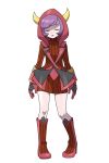  1girl :o asatsuki_(fgfff) bangs boots brown_dress closed_eyes commentary_request courtney_(pokemon) dress eyelashes fake_horns full_body gloves highres hood hood_up horns knees open_mouth pigeon-toed pokemon pokemon_(game) pokemon_oras purple_hair red_footwear red_gloves shiny shiny_skin short_hair solo standing sweater sweater_dress team_magma team_magma_uniform transparent_background turtleneck_dress uniform 