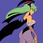  1girl animal_print ass bare_shoulders bat_print bat_wings breasts bridal_gauntlets demon_girl elbow_gloves gloves green_eyes green_hair head_wings leotard long_hair looking_at_viewer morrigan_aensland muu_(mumumer) pantyhose print_legwear simple_background solo vampire_(game) wings 