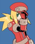  1boy blonde_hair cabbie_hat closed_mouth genderswap genderswap_(ftm) gloves green_eyes hat jacket long_hair mega_man_(series) mega_man_legends muu_(mumumer) red_headwear red_jacket roll_caskett_(mega_man) short_sleeves simple_background smile solo 