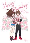  1boy 1girl :d bangs black_pants black_shirt blue_eyes blush brown_eyes brown_hair commentary_request gen_7_pokemon hagetapo happy_birthday high_ponytail hilbert_(pokemon) hilda_(pokemon) holding holding_pokemon long_hair open_mouth pants pokemon pokemon_(creature) pokemon_(game) pokemon_bw red_footwear shirt shoes short_hair short_shorts shorts sidelocks sleeveless sleeveless_shirt smile stufful white_shirt wristband 