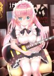  1girl absurdres album_cover alternate_costume blue_eyes blush bocchi_the_rock! bow commentary cover electric_guitar enmaided frills gotou_hitori guitar hair_ornament highres indoors instrument looking_at_viewer maddo_(gasser_0518) maid maid_headdress music pink_hair playing_instrument sitting solo thighhighs white_legwear zettai_ryouiki 