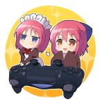  2girls absurdres apron bangs blue_bow blue_eyes blush bow bowtie brown_dress brown_eyes brown_kimono chibi closed_mouth controller dress dualshock eyebrows_visible_through_hair game_controller gamepad hair_between_eyes hair_bow half_updo highres hisui_(tsukihime) itsuka_neru japanese_clothes juliet_sleeves kimono kohaku_(tsukihime) long_sleeves maid maid_apron maid_headdress multiple_girls open_mouth playstation_controller puffy_sleeves red_bow red_hair red_neckwear short_hair siblings sidelocks sisters sleeves_past_fingers sleeves_past_wrists smile tsukihime tsukihime_(remake) twins wa_maid white_apron wide_sleeves 