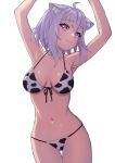  1girl :3 animal_ears animal_print armpits arms_up bangs bare_arms bikini breasts cat_ears cat_girl collarbone cow_print cowlick eyebrows_visible_through_hair front-tie_bikini front-tie_top halterneck highres hololive kaimuu_(fahrenheit724) looking_at_viewer medium_breasts navel nekomata_okayu purple_eyes purple_hair short_hair sidelocks simple_background solo string_bikini swimsuit virtual_youtuber white_background 