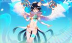  all_male black_hair blush braids genshin_impact green_eyes hoodie magic male navel reiko_lape short_hair shorts sky thighhighs venti_(genshin_impact) watermark wings wink zettai_ryouiki 