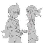  2girls anabel_(pokemon) asatsuki_(fgfff) bandana bangs bare_arms blood blood_on_arm blood_on_face breasts closed_mouth collared_shirt commentary_request dress eyebrows_visible_through_hair eyelashes from_side greyscale hair_ribbon holding_hands jacket long_hair may_(pokemon) monochrome multiple_girls necktie pants pokemon pokemon_(game) pokemon_emerald pokemon_rse pokemon_sm ponytail ribbon scrape shirt short_dress tied_hair 