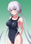  1girl absurdres arms_behind_back blush breasts collarbone competition_swimsuit covered_navel gradient gradient_background green_background highleg highleg_swimsuit highres large_breasts long_hair looking_at_viewer one-piece_swimsuit purple_eyes senki_zesshou_symphogear silver_hair solo standing swimsuit taurus_(cor-tauri-0426) twintails yukine_chris 