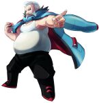  1boy arm_hair belly black_eyes black_footwear black_pants blue_coat boots coat coat_on_shoulders commentary_request facial_hair fat fat_man holding holding_poke_ball legs_apart male_focus maou_abusorun mustache pants parted_lips pectorals pointing poke_ball poke_ball_(basic) pokemon pokemon_(game) pokemon_xy shirt short_hair sidepec sleeveless sleeveless_shirt solo standing transparent_background white_hair white_shirt wulfric_(pokemon) 