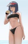  1girl absurdres arm_behind_back bangs bare_shoulders black_hair black_swimsuit breasts bubble_tea cup drinking_straw feet_out_of_frame genshin_impact highres holding holding_cup kujou_sara looking_at_viewer me0i medium_hair midriff simple_background solo standing sweat swimsuit underboob v-shaped_eyebrows visor_cap yellow_eyes 