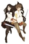  1boy 1girl agnes_oblige black_gloves black_hair bravely_default_(series) breasts brown_eyes brown_hair closed_mouth dress gloves hairband long_hair looking_at_viewer ma-hain-scarlet open_mouth pantyhose simple_background smile sword tiz_oria weapon white_background 