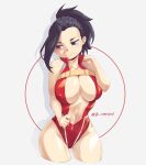  1girl artist_name black_eyes black_hair bodysuit boku_no_hero_academia breasts center_opening cleavage closed_mouth embarrassed grey_background hair_pulled_back hand_on_own_shoulder instagram_username jk_arts large_breasts looking_down midriff navel ponytail shiny shiny_hair simple_background solo standing superhero thighs yaoyorozu_momo 