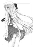  1girl absurdres ass bangs blush border bow collared_shirt commentary_request cowboy_shot criss-cross_back-straps crotch_seam embarrassed eyebrows_visible_through_hair from_behind frown greyscale hair_bow half_updo highres kusano_kouichi long_hair looking_at_viewer looking_back miniskirt monochrome open_mouth original outside_border panties pantyhose pleated_skirt shirt short_hair skirt solo standing suspender_skirt suspenders underwear 