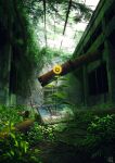  commentary_request damaged day flower highres indoors mocha_(cotton) nature no_humans original overgrown painting_(object) pipes ruins rust scenery summer sunflower sunlight yellow_flower 