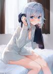  1girl blue_eyes blush breasts from_side fuumi_(radial_engine) hair_intakes indoors looking_at_viewer on_bed ryuuou_no_oshigoto! shirt short_hair silver_hair sitting sitting_on_bed small_breasts sora_ginko towel wet wet_clothes wet_hair white_shirt 