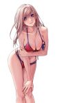  1girl american_flag_bikini applekun arm_under_breasts bangs bikini blue_eyes breasts cleavage closed_mouth earrings fate/grand_order fate_(series) feet_out_of_frame flag_print hand_on_own_knee highres holding_own_arm jewelry large_breasts long_hair looking_at_viewer miyamoto_musashi_(fate) miyamoto_musashi_(swimsuit_berserker)_(fate) navel pink_hair simple_background solo standing straight_hair swimsuit white_background 