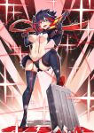  1girl :d artist_name ass_visible_through_thighs black_gloves black_hair black_legwear black_skirt blush breasts full_body gainoob gloves highres kill_la_kill large_breasts leg_up light_particles looking_at_viewer matoi_ryuuko miniskirt multicolored_hair navel open_mouth purple_eyes red_hair revealing_clothes scissor_blade short_hair showgirl_skirt skirt smile solo sparkle standing stomach streaked_hair suspender_skirt suspenders thighhighs two-tone_hair underboob v-shaped_eyebrows 