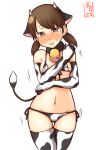  1girl alternate_costume animal_ears animal_print artist_logo bangs bell bikini brown_eyes brown_hair commentary_request covered_nipples cow_ears cow_horns cow_print cow_tail cowbell cowboy_shot dated elbow_gloves fake_animal_ears fake_horns gloves horns kanon_(kurogane_knights) kantai_collection looking_at_viewer low_twintails micro_bikini one-hour_drawing_challenge parted_bangs shirayuki_(kancolle) short_hair short_twintails simple_background solo swimsuit tail thighhighs twintails white_background white_bikini white_gloves white_legwear 