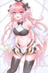  1boy armor astolfo_(fate) astolfo_(saber)_(fate) bangs bare_shoulders belt black_gloves black_legwear black_shirt black_skirt blush bow bowtie chain crop_top detached_sleeves elbow_gloves fate/grand_order fate_(series) faulds gloves hair_bow hair_intakes hair_ribbon highres long_hair looking_at_viewer low_twintails midriff multicolored_hair navel open_mouth otoko_no_ko pink_hair purple_eyes rain_(roromi) ribbon shirt skirt smile solo streaked_hair thighhighs thighs twintails white_hair wide_sleeves 