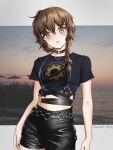  1girl absurdres alternate_costume amane_suzuha arms_at_sides artist_name bags_under_eyes black_shirt black_shorts braid breasts brown_hair collar contrapposto cowboy_shot crop_top evening gears green_eyes highres leather_shorts letterboxed long_hair marsel_arts o-ring o-ring_belt o-ring_suspenders ocean outdoors parted_lips pier punk shirt shorts small_breasts steins;gate studded_choker t-shirt twilight twin_braids umbrella 