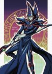  1boy bangs blonde_hair boots closed_mouth colored_skin commentary_request dark_magician duel_monster green_skin hat highres holding holding_staff long_hair male_focus pillarboxed smile solo soya_(sys_ygo) staff twitter_username wizard_hat yu-gi-oh! 