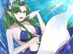  1girl bikini blue_bikini blue_bra blue_headwear blue_sarong blush bow bra breasts collarbone cup earrings eyebrows_visible_through_hair fang ghost_tail green_eyes green_hair hat hat_bow highres holding holding_cup jewelry large_breasts long_hair midriff milll_77 mima_(touhou) navel open_mouth pointy_ears sarong stomach swimsuit touhou touhou_(pc-98) underwear very_long_hair white_bow wizard_hat yellow_bow 