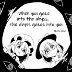  2girls :/ english_text eyebrows_visible_through_hair fedora gap_(touhou) hair_between_eyes hair_ribbon hat looking_at_viewer looking_down maribel_hearn mob_cap monochrome multiple_girls open_mouth ribbon shio_(futatsumami) short_hair touhou usami_renko 