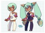  2girls bare_shoulders bracelet breasts closed_mouth dark-skinned_female dark_skin green_hair jewelry long_hair looking_at_viewer mega_man_(series) mega_man_legends mega_man_legends_2 multiple_girls muu_(mumumer) red_eyes sera_(mega_man) short_hair smile thighhighs twintails yuna_(mega_man) 