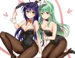  2girls ahoge alternate_costume animal_ears blue_eyes bow bowtie breasts cleavage covered_navel detached_collar fire_emblem fire_emblem:_path_of_radiance green_eyes green_hair haru_(nakajou-28) high_heels long_hair medium_breasts mia_(fire_emblem) multiple_girls nephenee_(fire_emblem) pantyhose playboy_bunny purple_hair rabbit_ears smile wrist_cuffs 