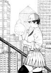  1girl :p baseball_cap building candy cotton_candy cowboy_shot fingernails food from_side greyscale hat hatching_(texture) highres holding lollipop long_sleeves miniskirt monochrome original outdoors pleated_skirt profile railing shirt short_hair skirt skyscraper solo thighhighs tongue tongue_out y_naf zettai_ryouiki 