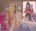  4girls ? another_eden armor back bed bed_sheet bedroom blonde_hair blush covering_another&#039;s_eyes cup doorway full-face_blush gumbat highres looking_away multiple_girls naked_sheet nude open_mouth pink_hair ponytail precure_netorare sex steam surprised sweat tea teacup under_covers uniform walk-in wet wife_and_wife yuri 
