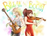  2girls blonde_hair braid breasts brown_hair dress ear_piercing guitar gumbat h&#039;aanit_(octopath_traveler) instrument japanese_clothes medium_breasts multicolored multicolored_background multiple_girls music octopath_traveler piercing ponytail primrose_azelhart red_dress signature sleeveless smile sweat tank_top title violin 