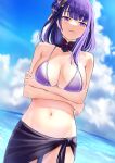  1girl arms_under_breasts art_itou bangs bare_shoulders bikini blue_sky breasts cleavage cloud collarbone cowboy_shot crossed_arms eyebrows_visible_through_hair genshin_impact hair_ornament large_breasts long_hair looking_at_viewer mole mole_under_eye navel neck_garter ocean outdoors purple_eyes purple_hair purple_sarong raiden_shogun sarong sky solo stomach swimsuit 