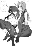  2girls ? absurdres arknights arm_support bare_arms between_legs ch&#039;en_(arknights) closed_mouth collared_shirt dragon_horns eyebrows_visible_through_hair greyscale hand_on_another&#039;s_face highres horns hoshiguma_(arknights) long_hair monochrome multiple_girls na_tarapisu153 oni_horns pants parted_lips ponytail shirt single_horn sitting sleeveless sleeveless_shirt smile socks spoken_question_mark thighhighs thought_bubble translation_request yuri 
