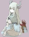  1girl bangs colored_skin dragon_girl dragon_horns dress genderswap genderswap_(mtf) green_eyes holding_hands horns humanization long_hair looking_at_viewer okamura_(okamura086) paarthurnax pov sidelocks smile the_elder_scrolls the_elder_scrolls_v:_skyrim white_hair 